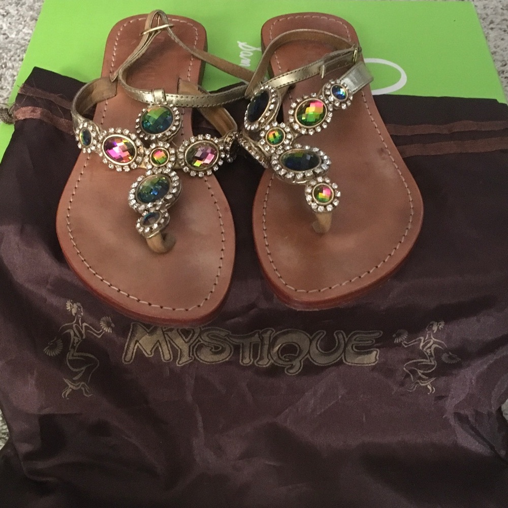 Mystique Boutique Gold Sandals with Multicolor Gems